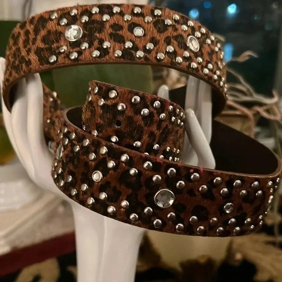 Women’s Animal Print Vegan Leather Belt Silver Buckle Rhinestone Stones Studs - Picture 4 of 16